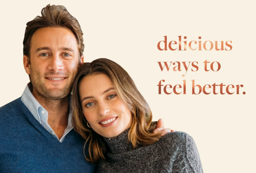 Photo of Ella and Matt Mills. 'delicious ways to feel better.' wording