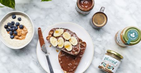 Breakfast options with jars of nut butters